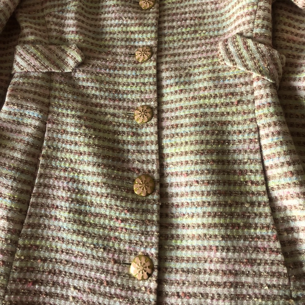 Trina Turk mint green/pink & gold threads elegant coat with matching mini skirt